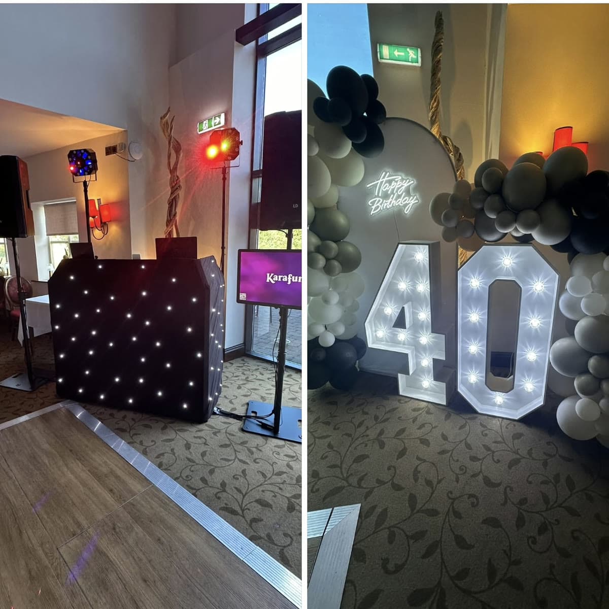 DJ Jordan H setup and 40th birthday decorations at Pastures Lodge in Mexborough